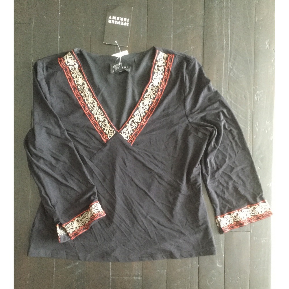 NWT True Black Top W/embroidery, Sheer 3/4 Sleeves SZ L, Spenser Jeremy New 0022